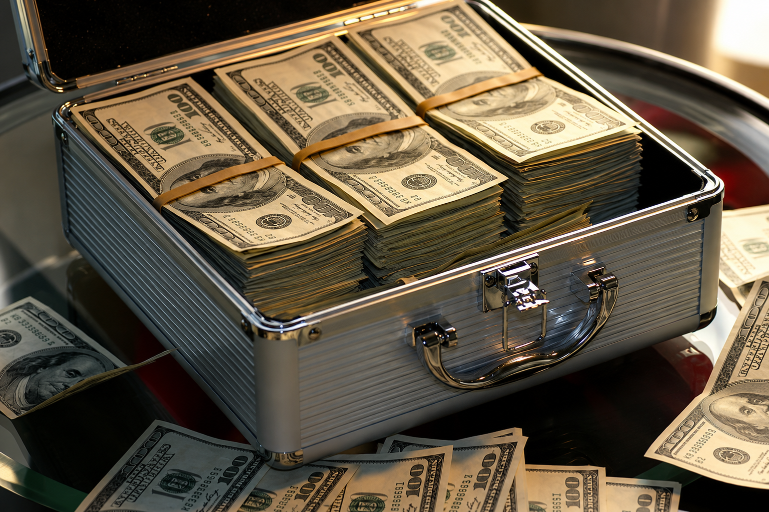 Briefcase filled with U.S. dollar bills